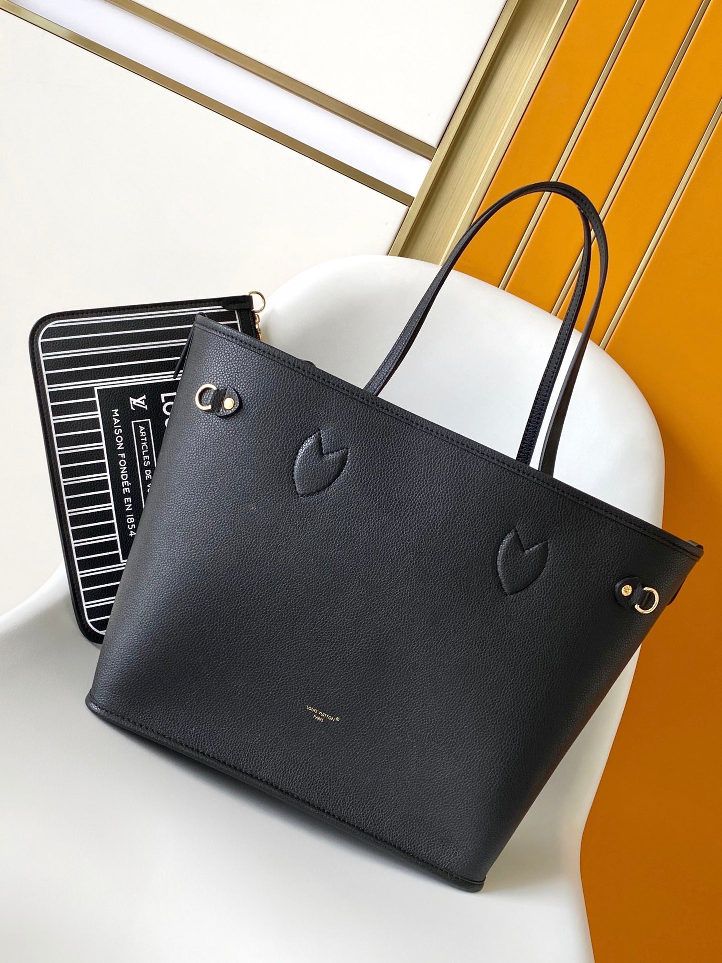 Louis Vuitton Black Leather Tote Bag with Monogram Print Lining and Pouch
