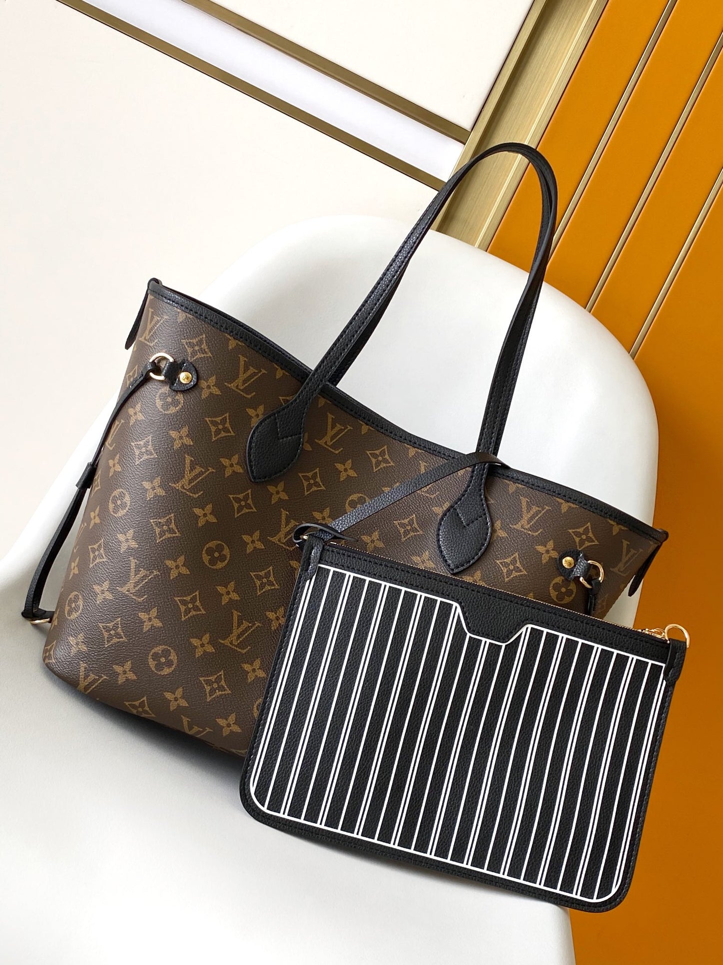 Louis Vuitton Black Leather Tote Bag with Monogram Print Lining and Pouch