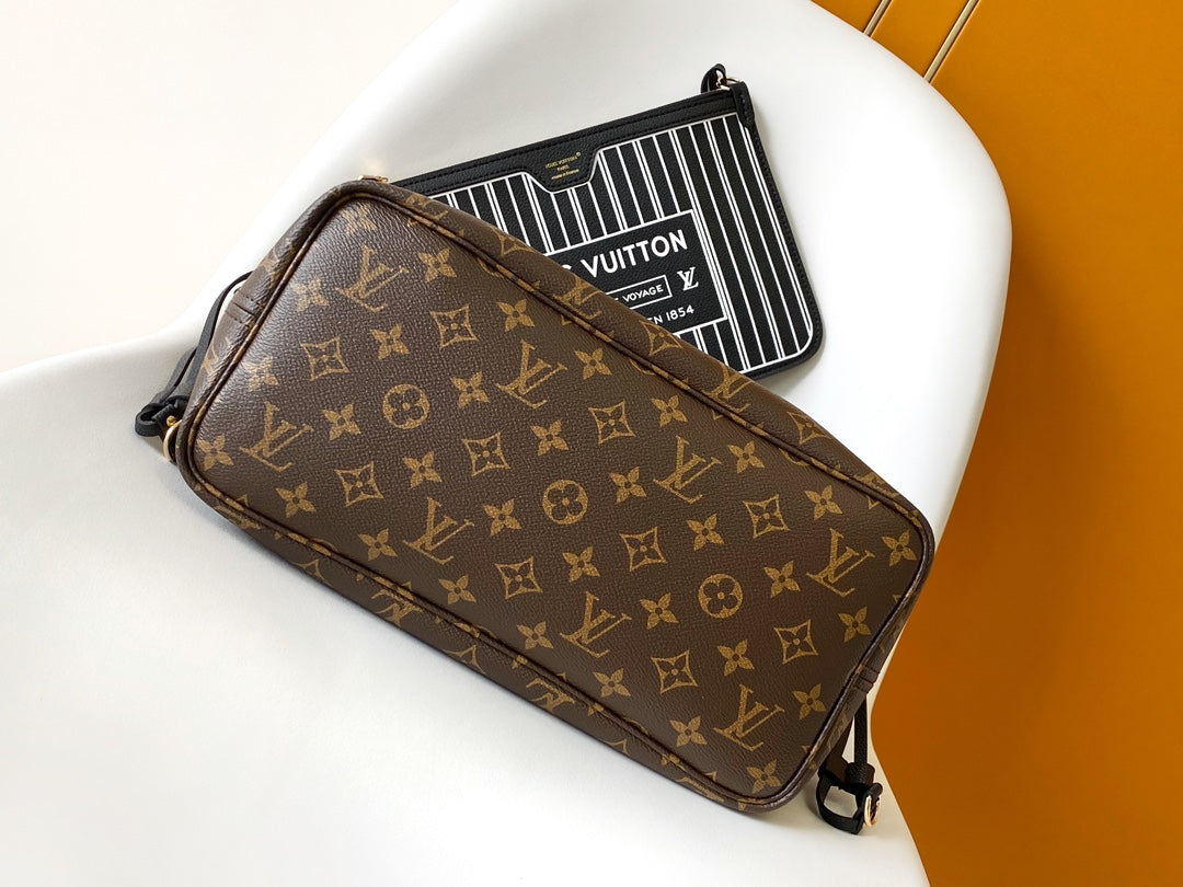 Louis Vuitton Black Leather Tote Bag with Monogram Print Lining and Pouch