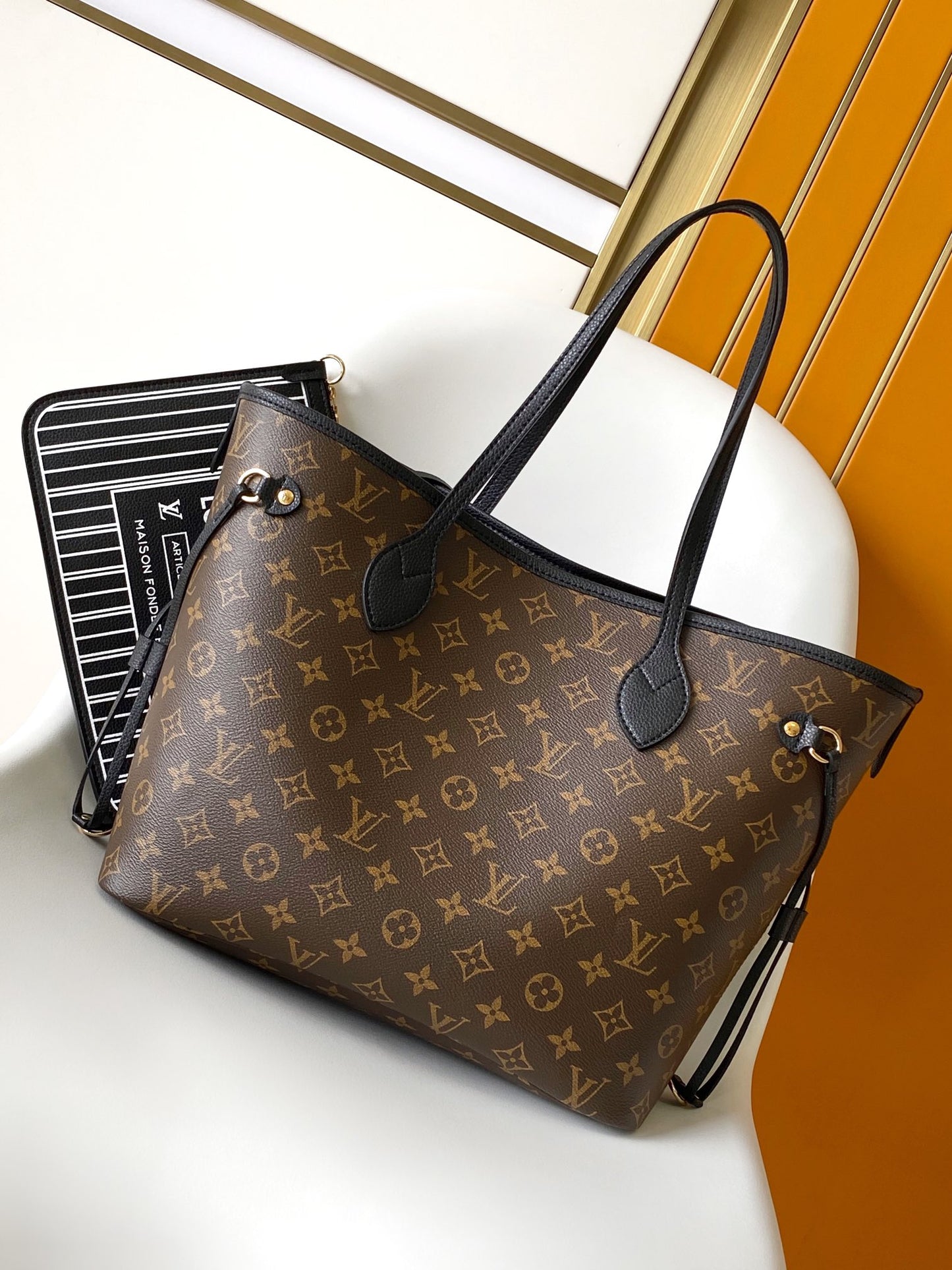 Louis Vuitton Black Leather Tote Bag with Monogram Print Lining and Pouch
