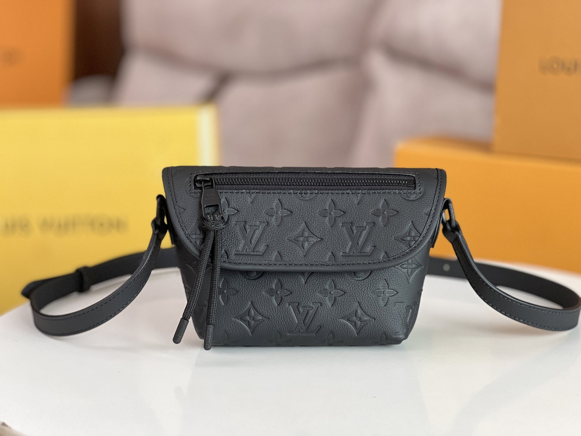 Louis Vuitton Black Embossed Monogram Leather Crossbody Bag with Adjustable Strap