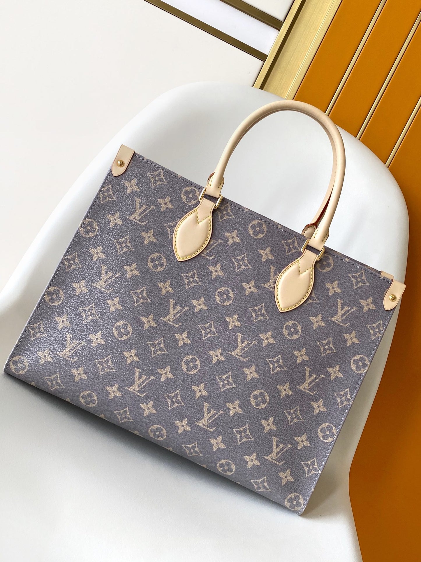 Louis Vuitton Classic Grey Monogram Canvas Tote Handbag with Leather Handles