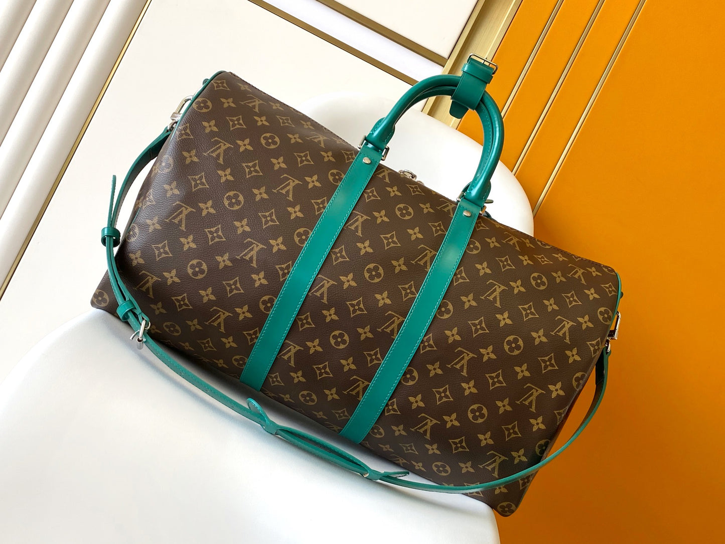 Louis Vuitton Brown Monogram Travel Duffle Bag with Green Leather Accents