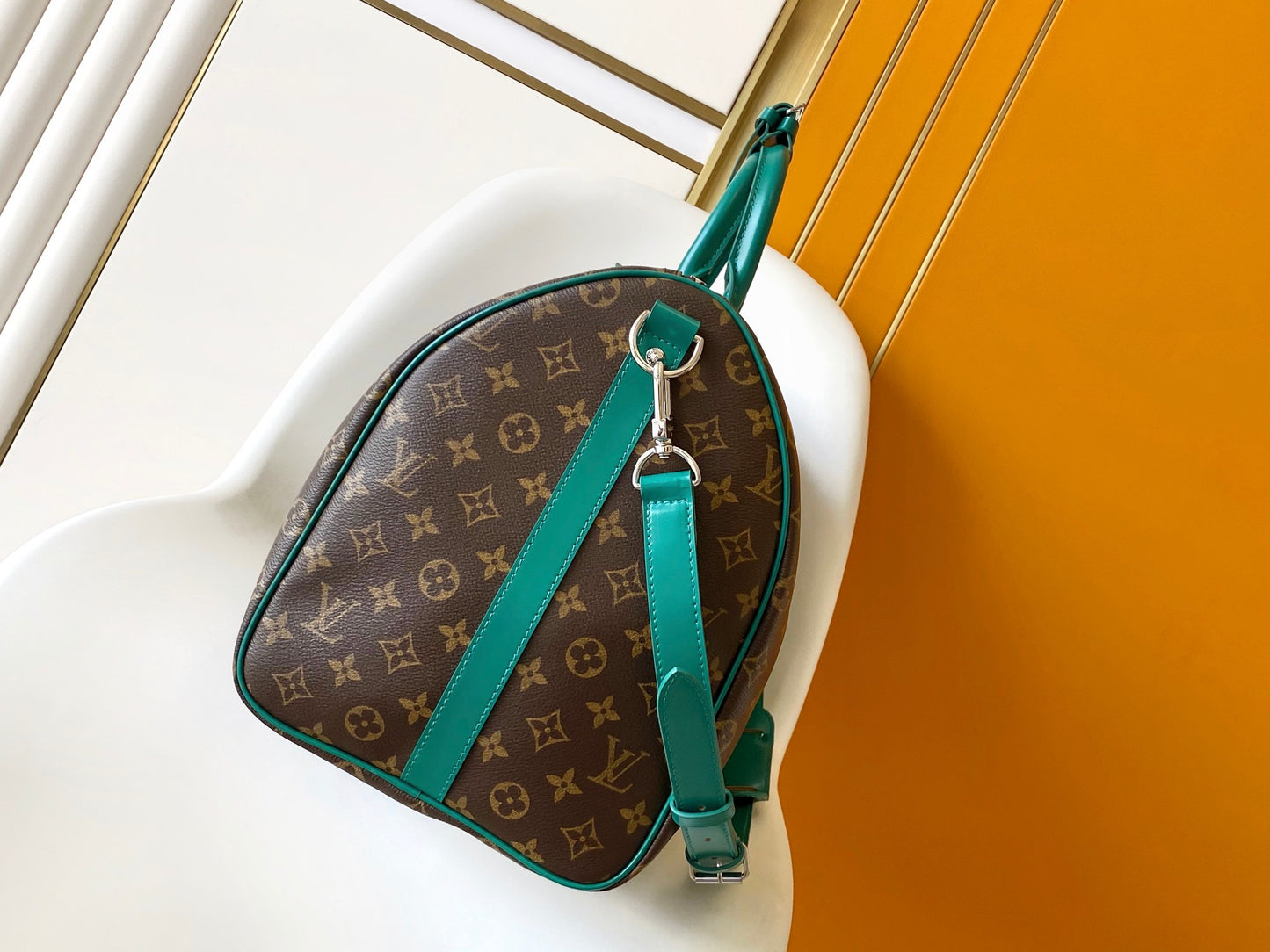Louis Vuitton Brown Monogram Travel Duffle Bag with Green Leather Accents