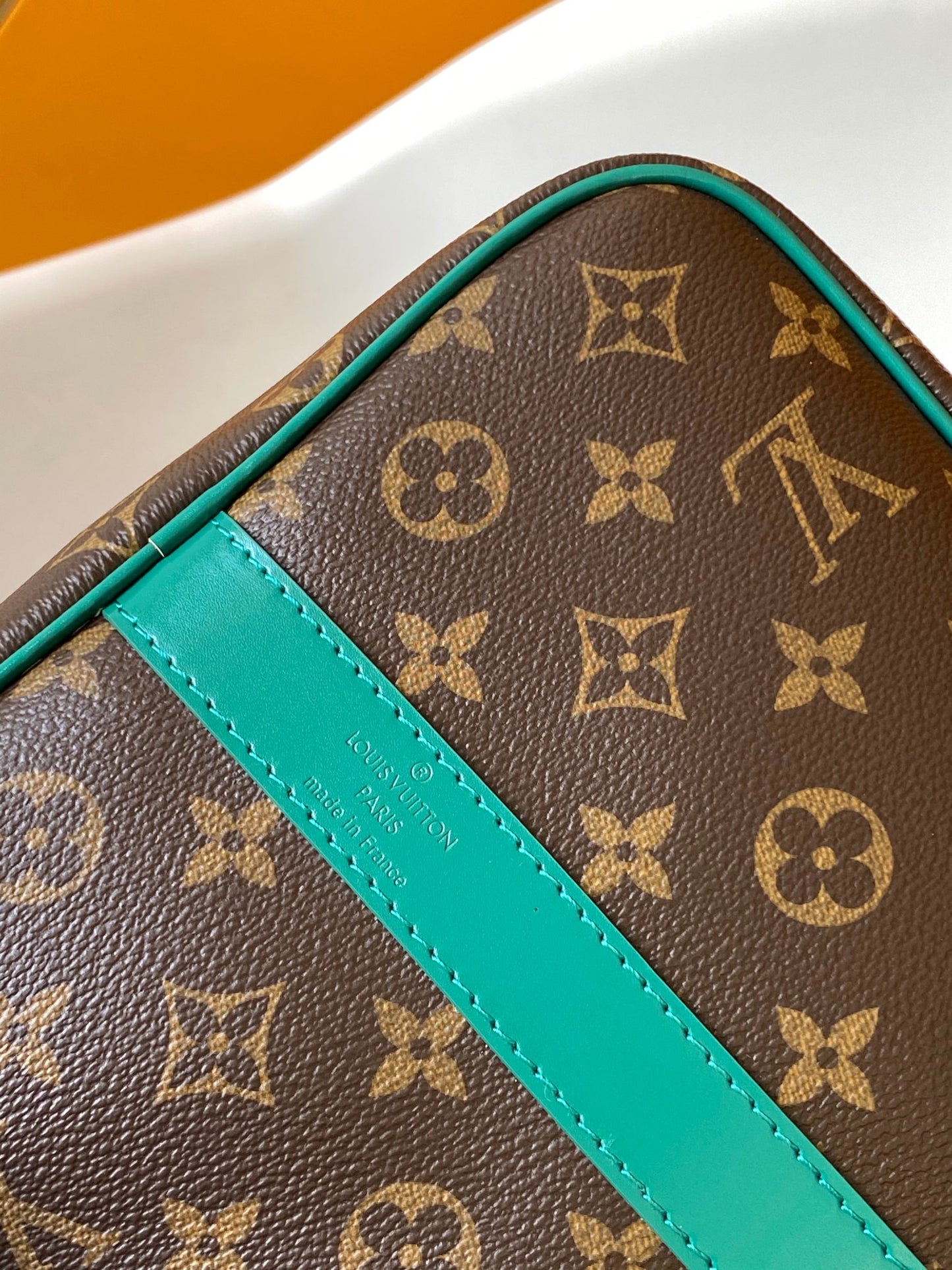 Louis Vuitton Brown Monogram Travel Duffle Bag with Green Leather Accents