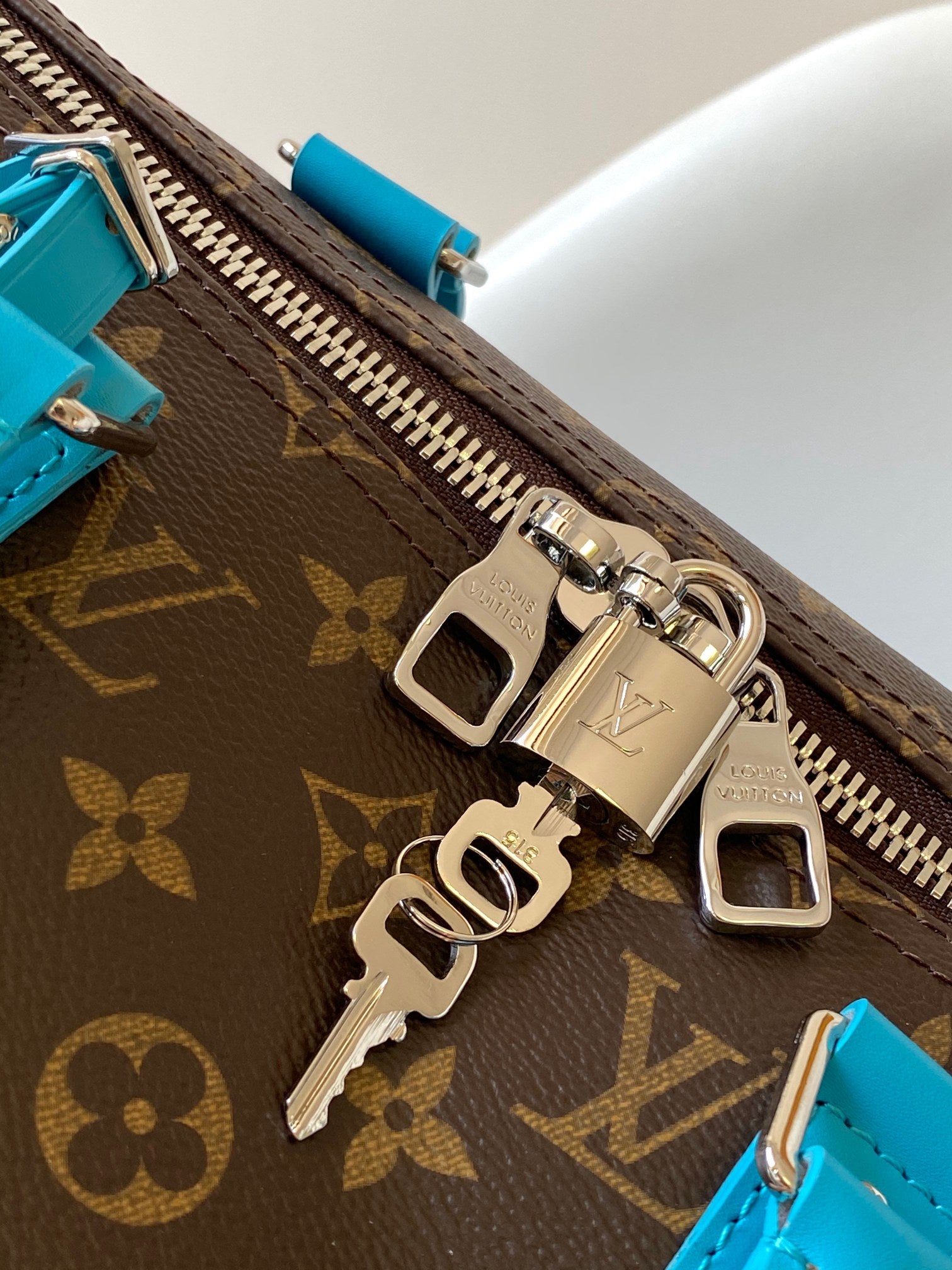 Louis Vuitton Vintage Monogram Canvas Travel Duffle Bag with Blue Leather Trim