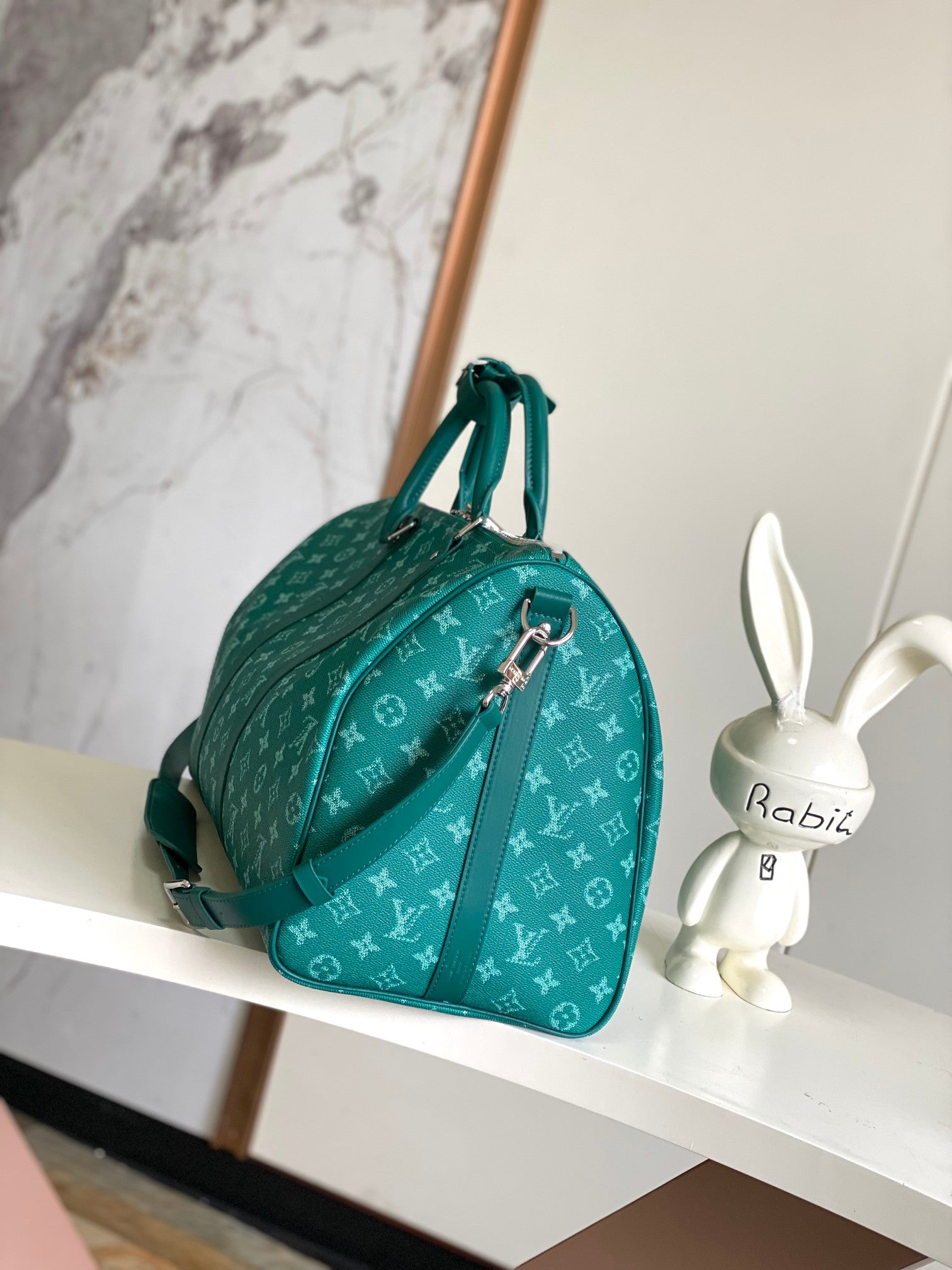 Louis Vuitton Green Monogram Pattern Travel Duffle Bag with Dog Paw Charm