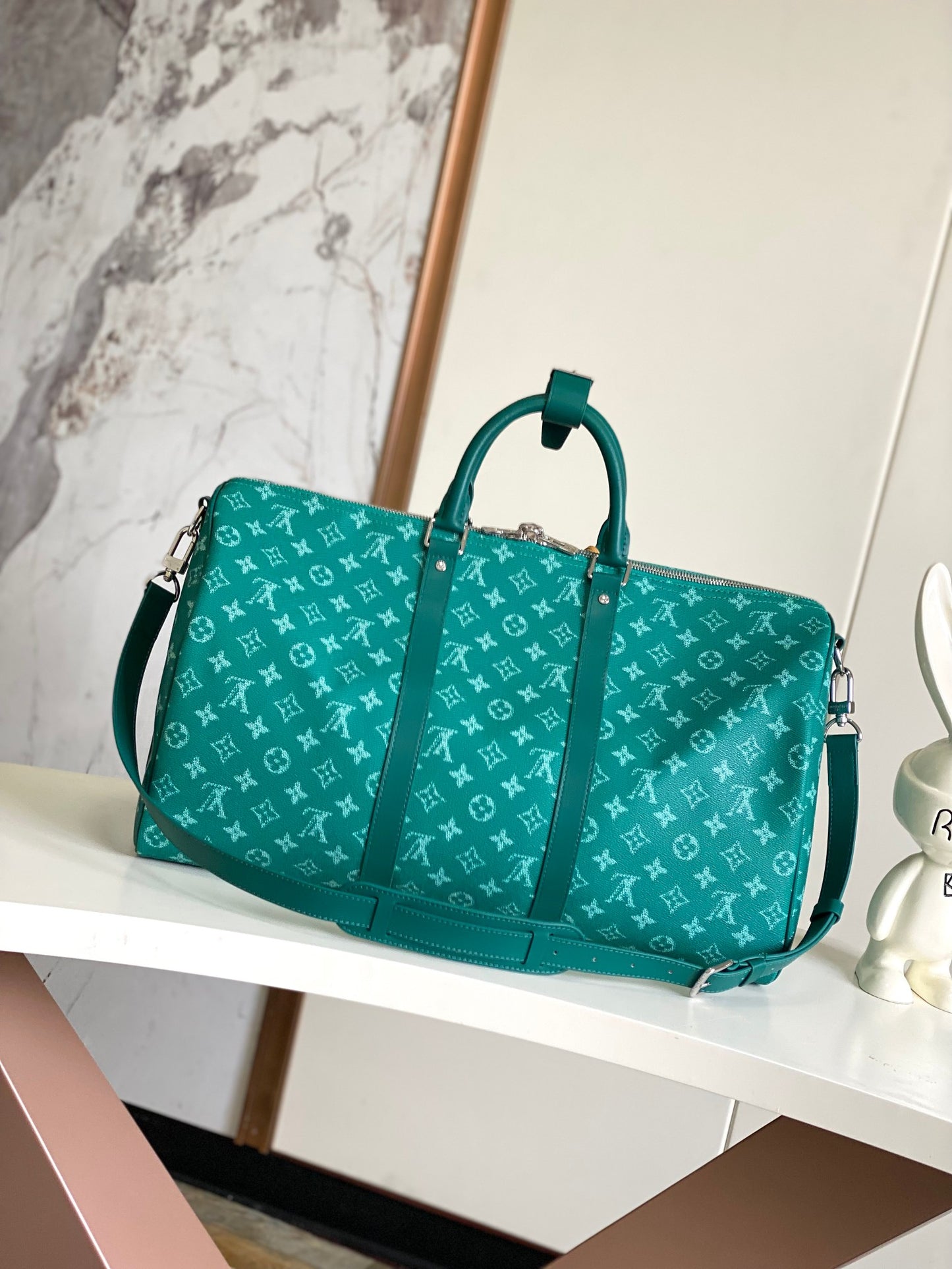 Louis Vuitton Green Monogram Pattern Travel Duffle Bag with Dog Paw Charm