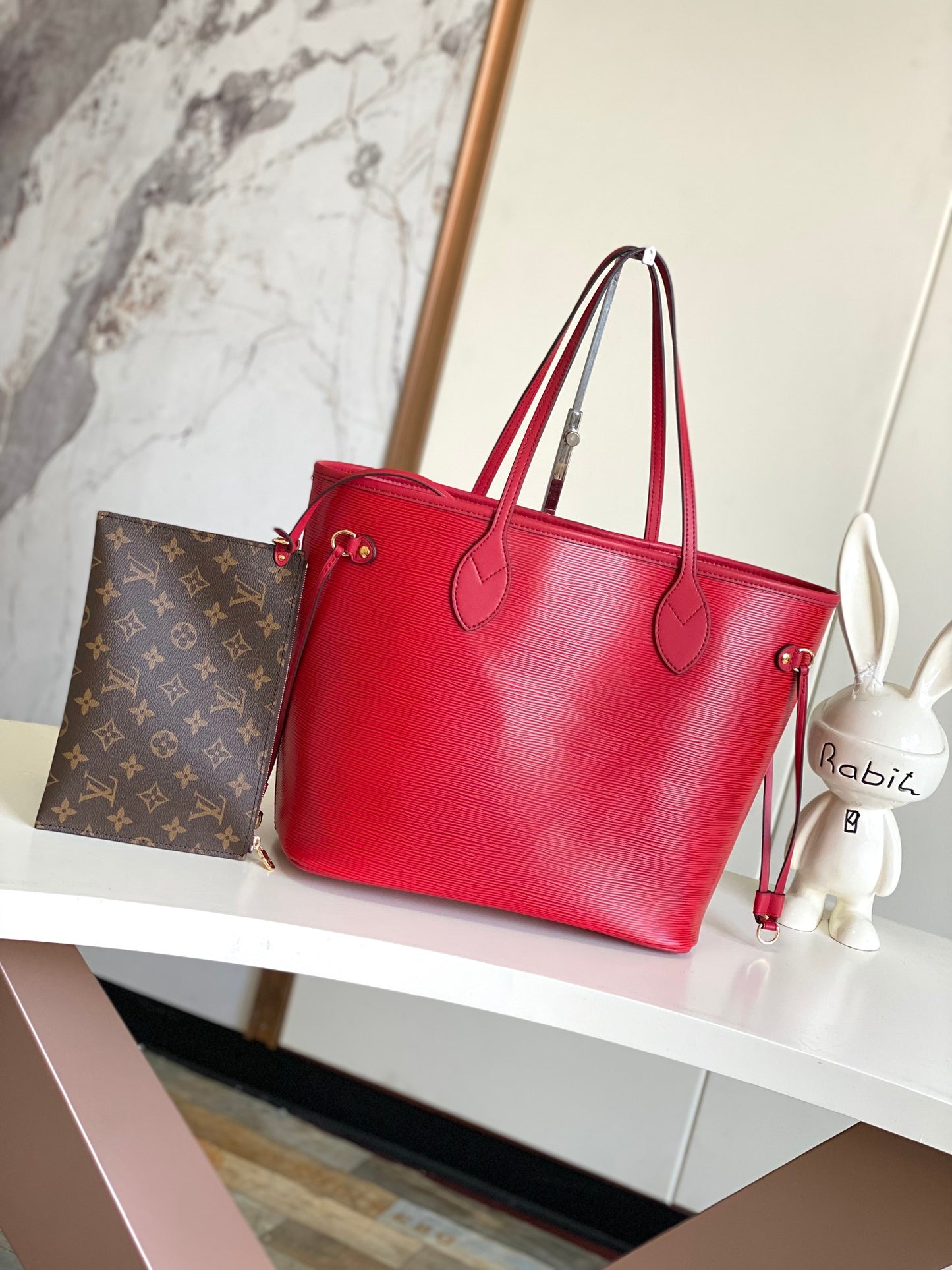 Louis Vuitton Classic Red Textured Leather Tote Bag with Shoulder Straps
