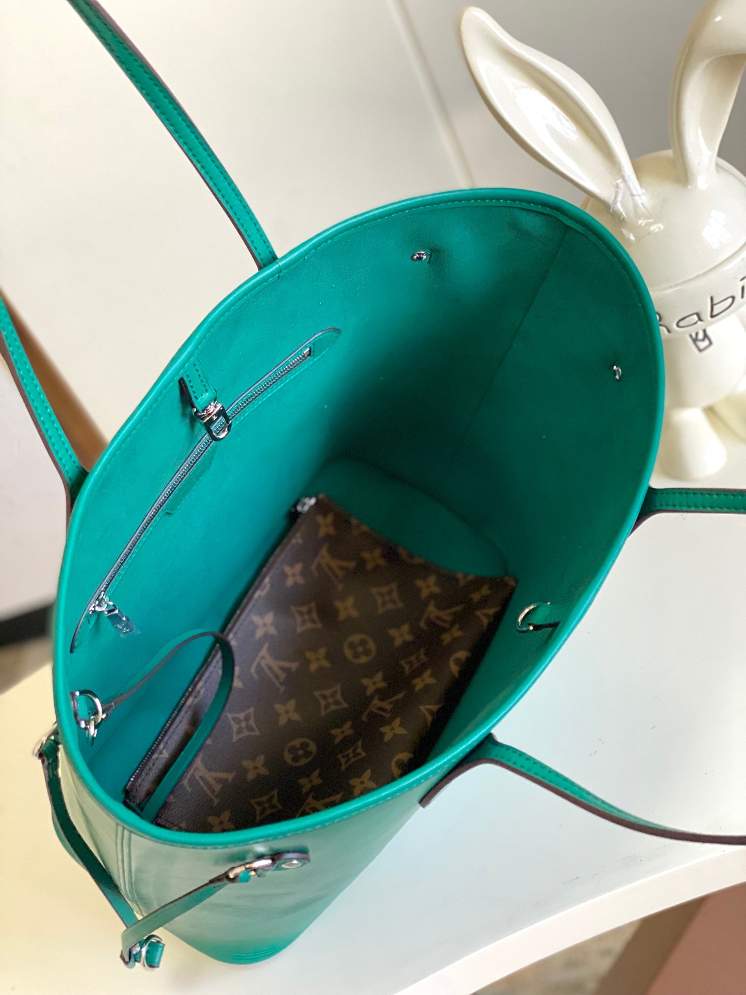 Louis Vuitton Classic Green Textured Leather Tote Bag with Side Drawstrings