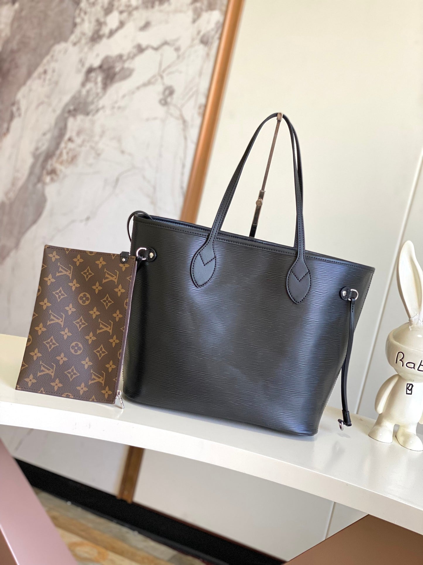 Louis Vuitton Classic Black Faux Leather Shoulder Tote Bag with Side Drawstrings