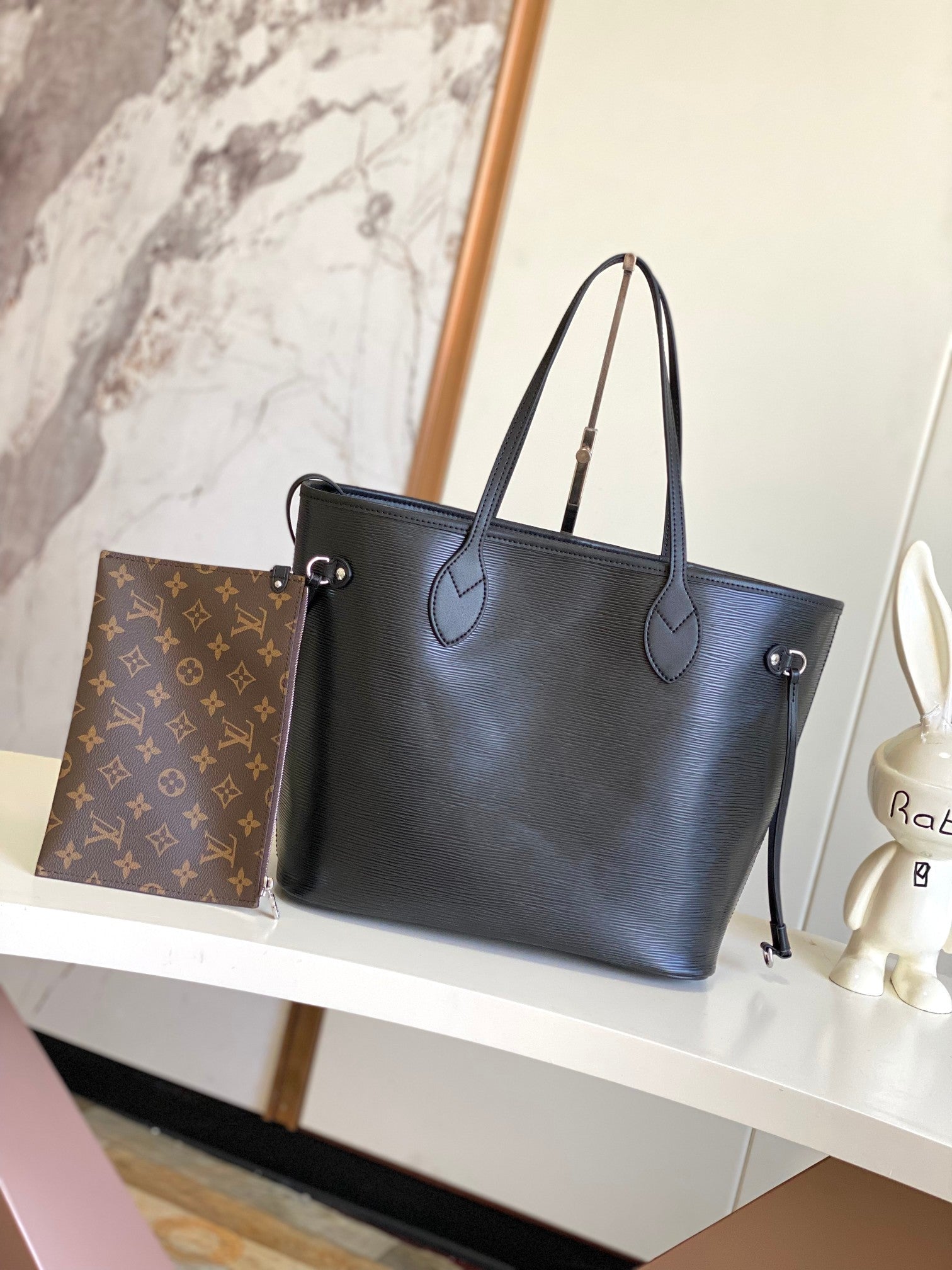 Louis Vuitton Classic Black Faux Leather Shoulder Tote Bag with Side Drawstrings