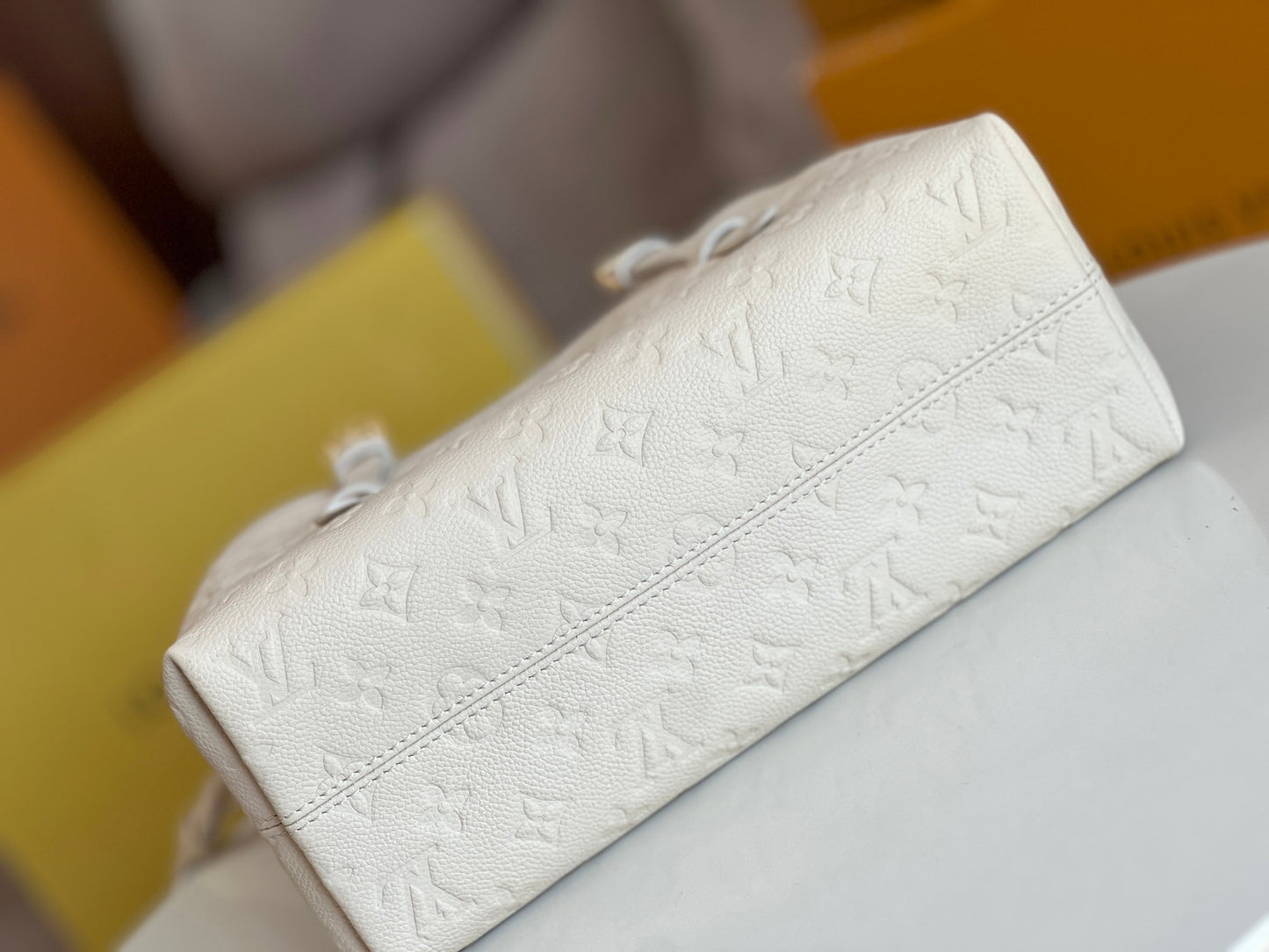 Louis Vuitton Elegant Cream Beige Embossed Leather Tote Bag with Top Handles