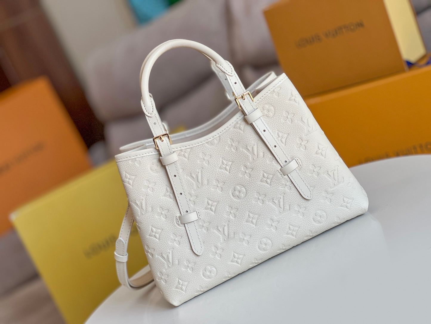 Louis Vuitton Elegant Cream Beige Embossed Leather Tote Bag with Top Handles