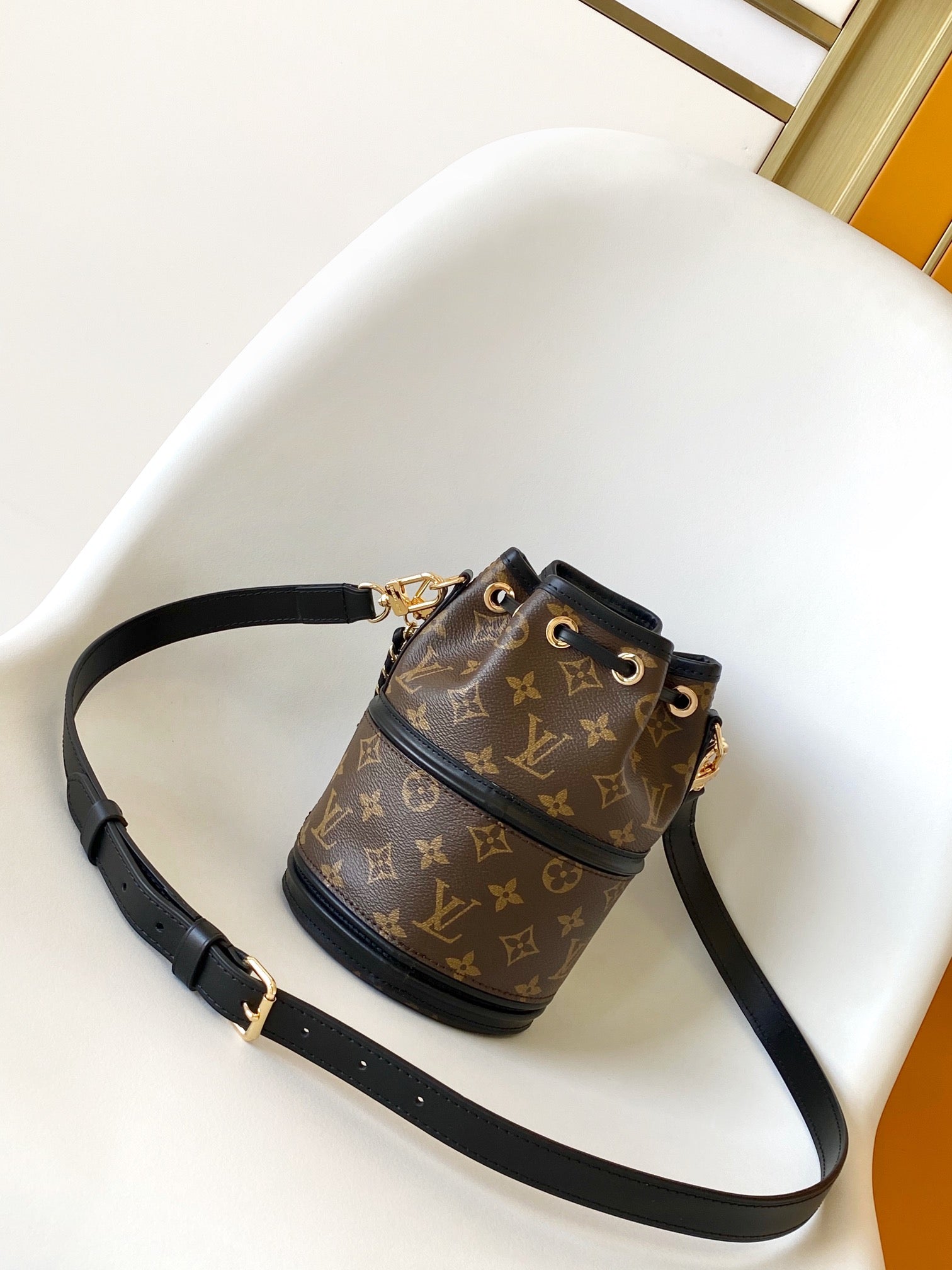 Louis Vuitton Classic Monogram Canvas Duffle Bucket Bag with Gold Chain Strap