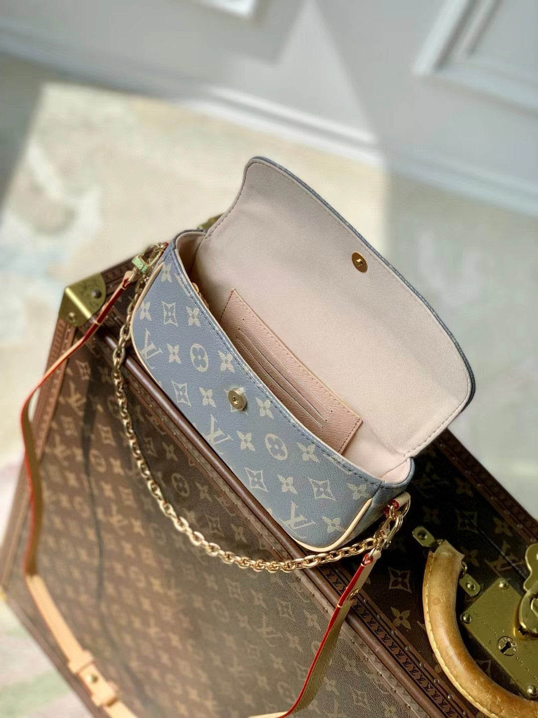 Louis Vuitton Blue Monogram Pattern Crossbody Flap Bag with Gold Chain