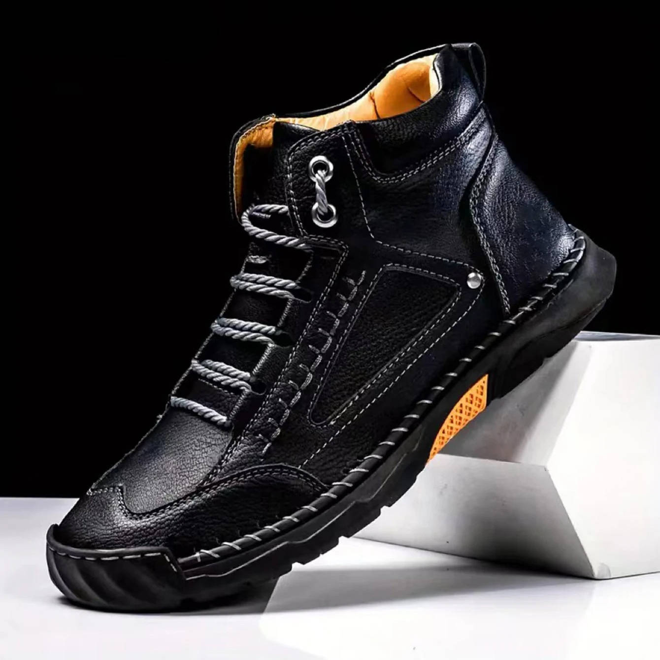 Blotcha Men's Waterproof Leather Orthopedic Hiking Boots, Black Outdoor Ankle Boots