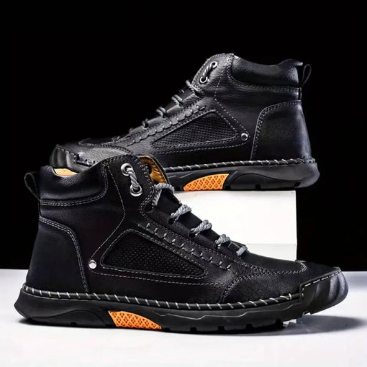 Blotcha Men's Waterproof Leather Orthopedic Hiking Boots, Black Outdoor Ankle Boots