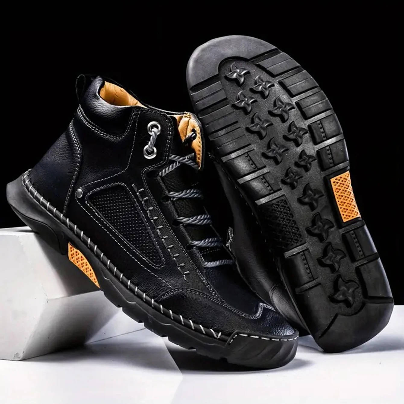 Blotcha Men's Waterproof Leather Orthopedic Hiking Boots, Black Outdoor Ankle Boots