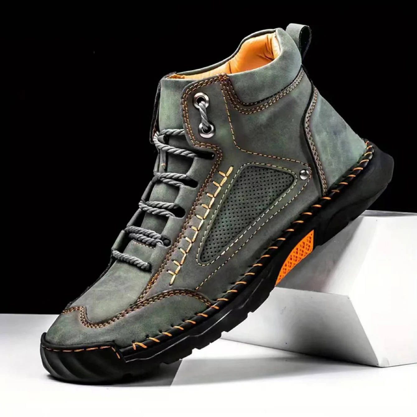 Blotcha Men's Grey Leather Ankle Hiking Boots Outdoor Lace-Up Shoes