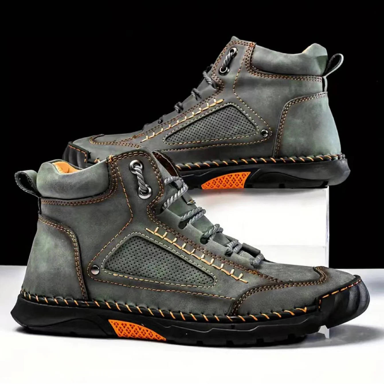 Blotcha Men's Grey Leather Ankle Hiking Boots Outdoor Lace-Up Shoes
