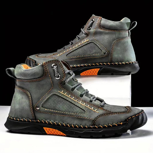 Blotcha Men's Grey Leather Ankle Hiking Boots Outdoor Lace-Up Shoes