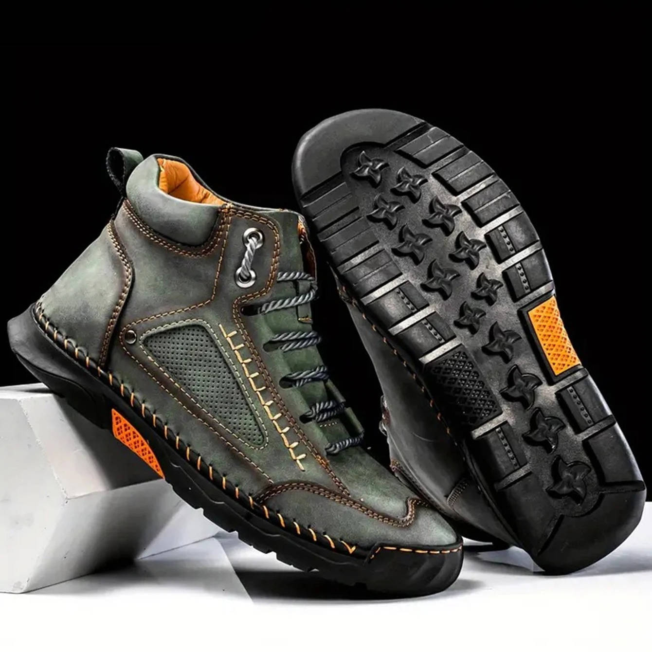 Blotcha Men's Grey Leather Ankle Hiking Boots Outdoor Lace-Up Shoes