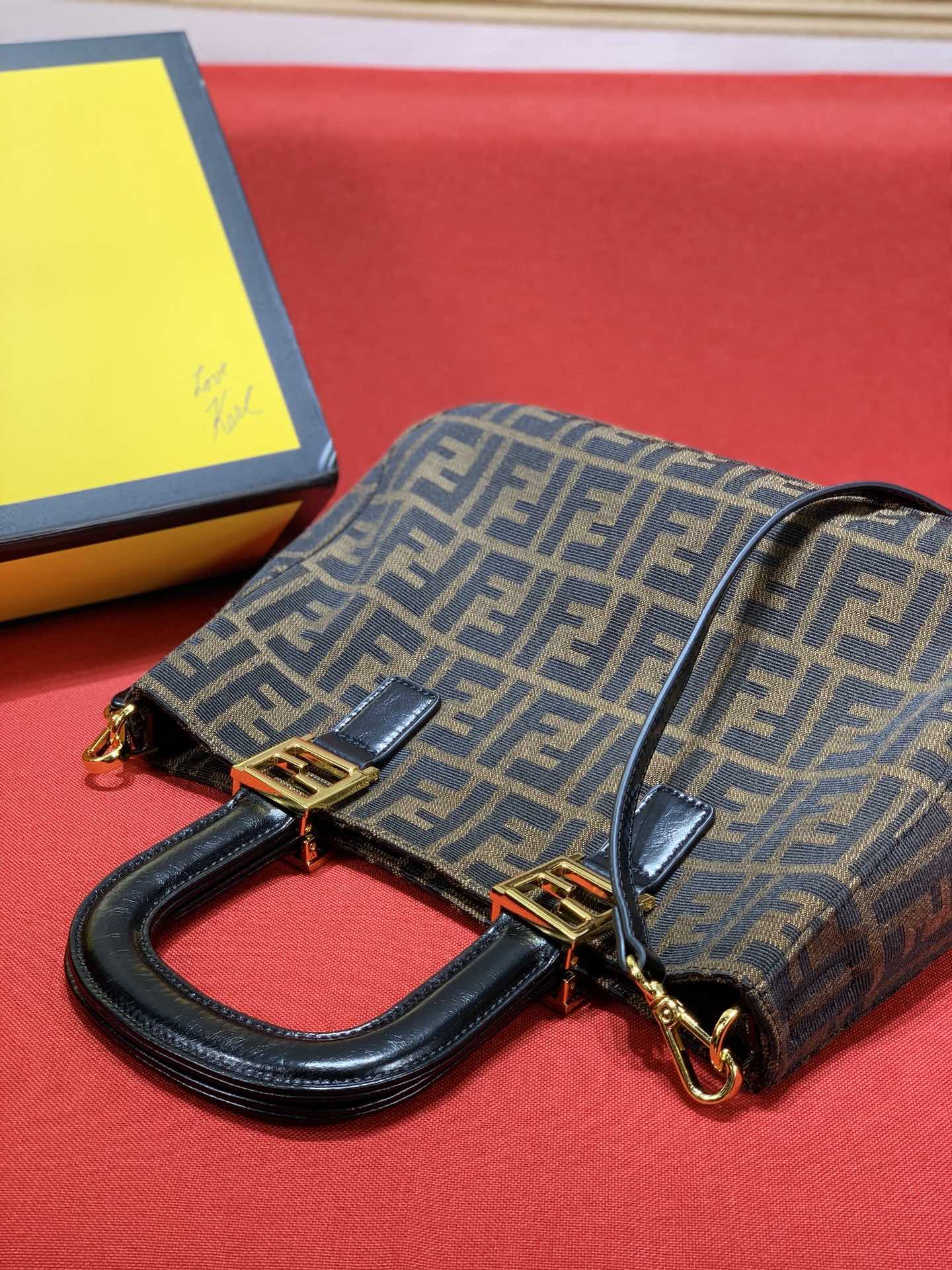 Fendi Monogram Zucca Canvas Small Sunshine Shopper Bag with Gold-Tone Hardware