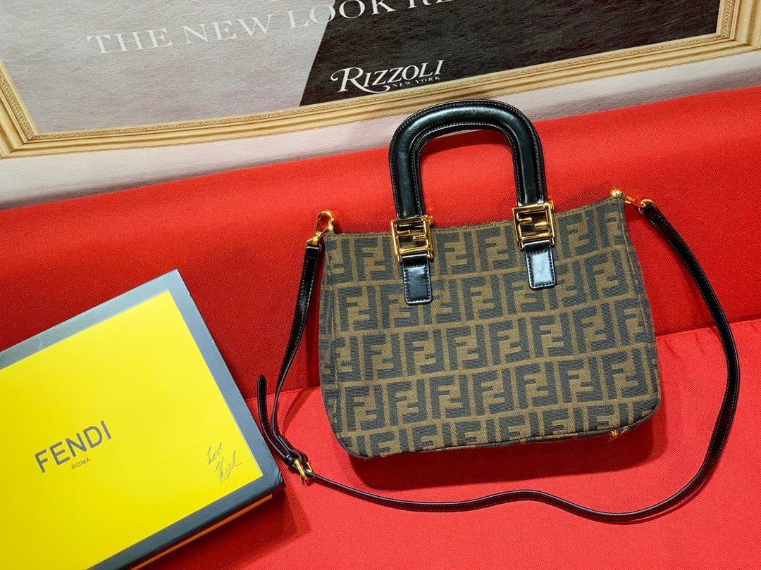 Fendi Monogram Zucca Canvas Small Sunshine Shopper Bag with Gold-Tone Hardware