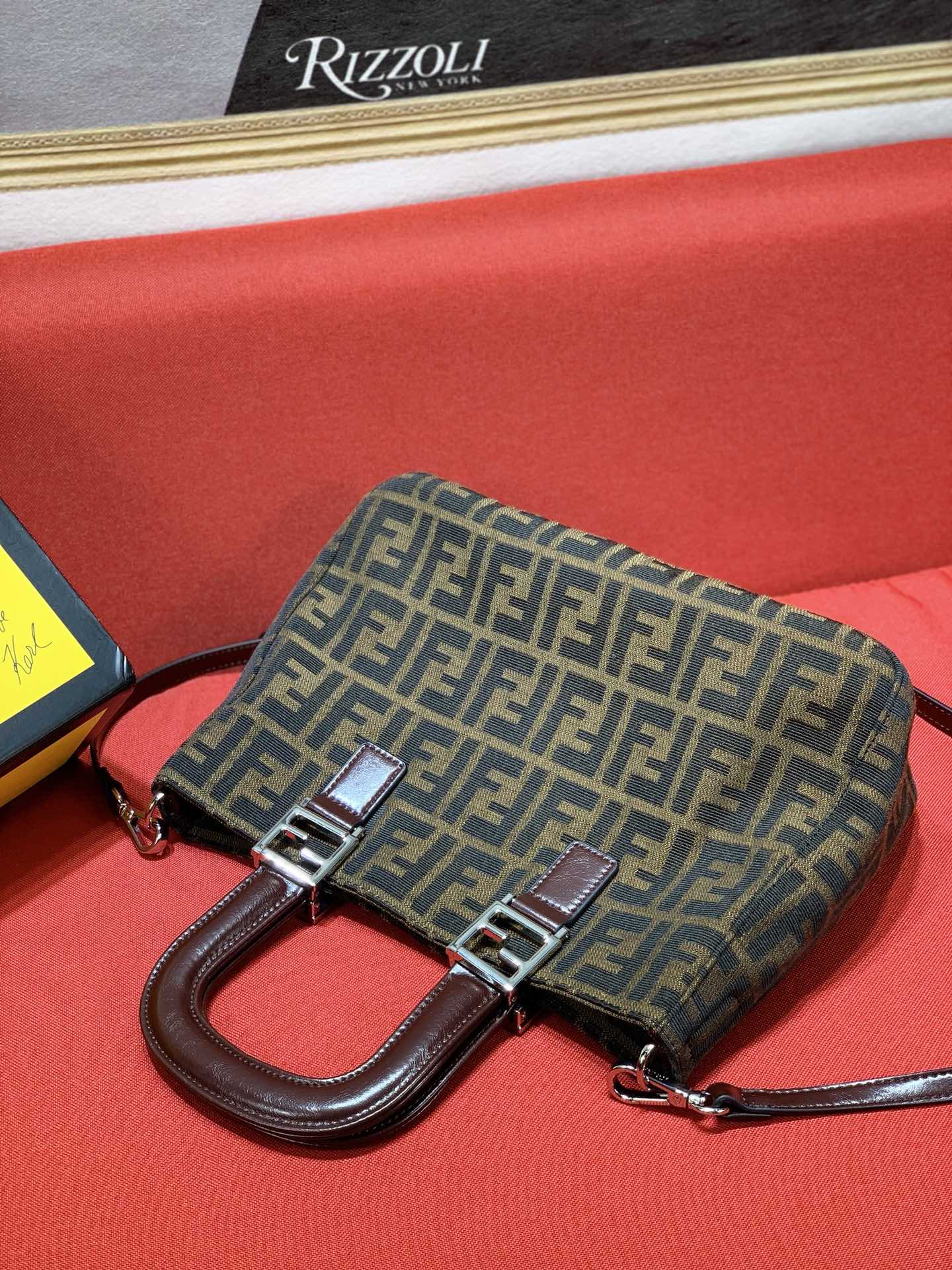 Fendi Zucca Monogram Canvas Handbag with Shoulder Strap and Original Box