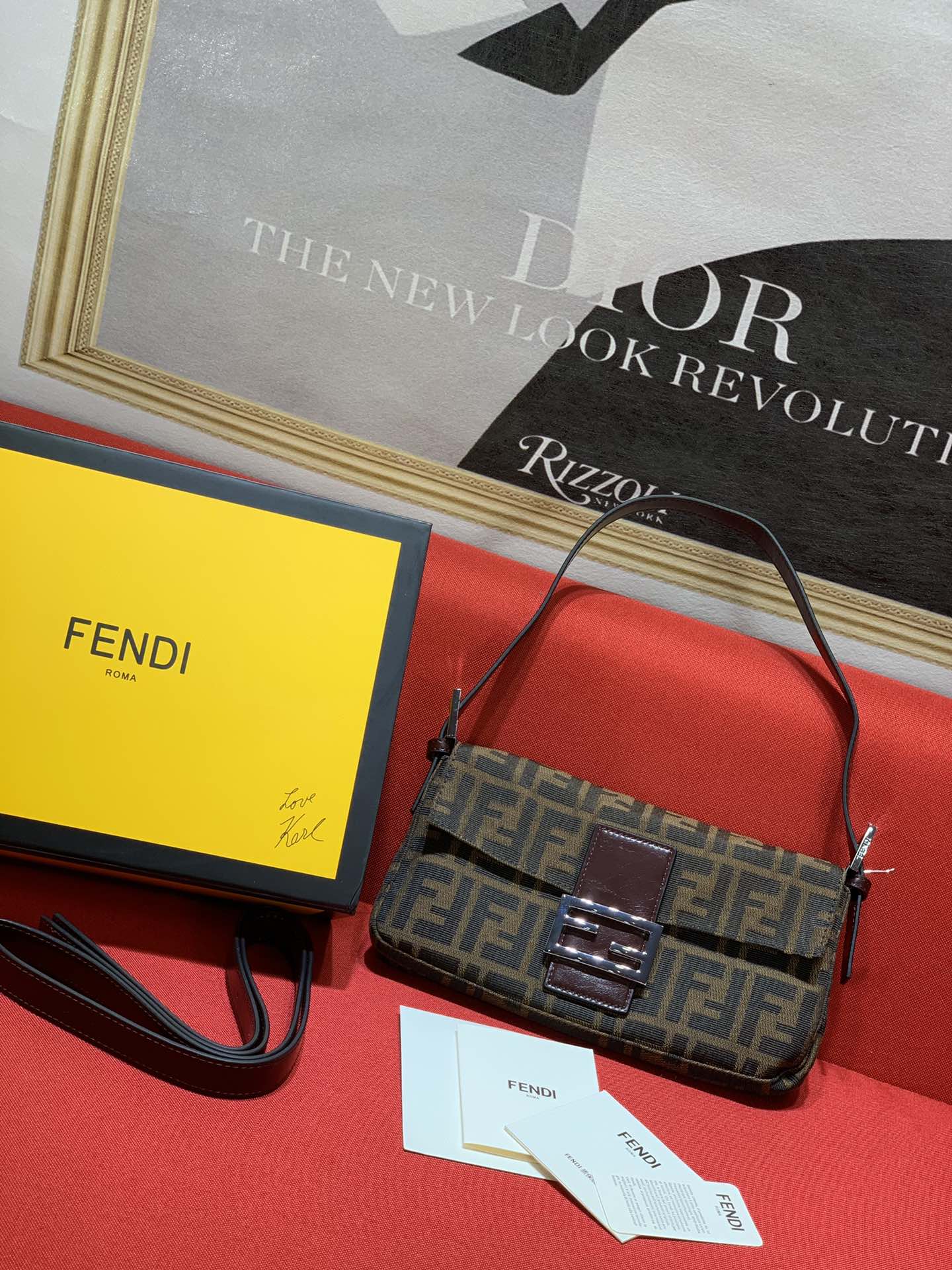 Fendi Brown Zucca Canvas Baguette Bag with Logo Clasp