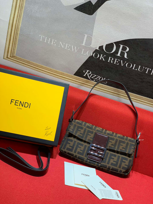 Fendi Brown Zucca Canvas Baguette Bag with Logo Clasp