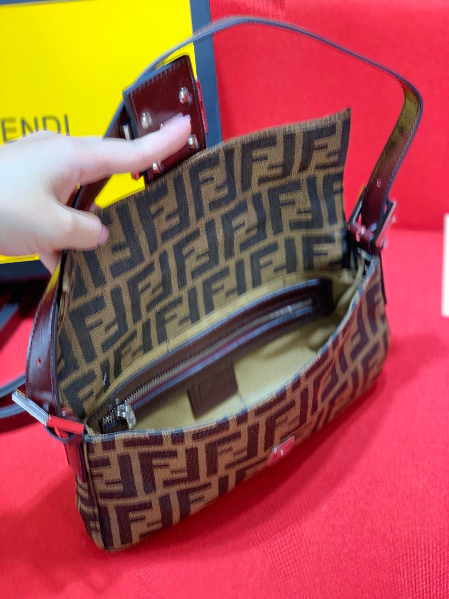 Fendi Brown Zucca Canvas Baguette Bag with Logo Clasp