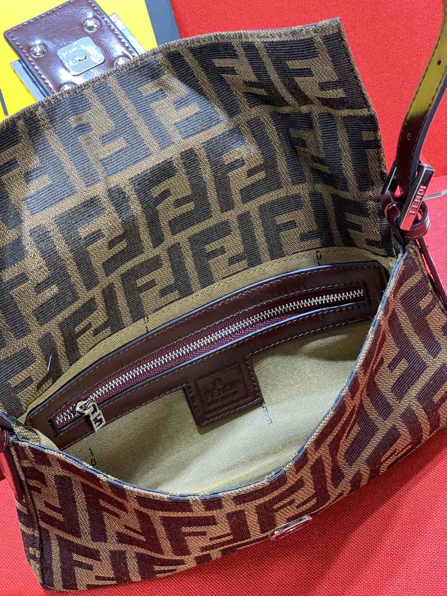 Fendi Brown Zucca Canvas Baguette Bag with Logo Clasp