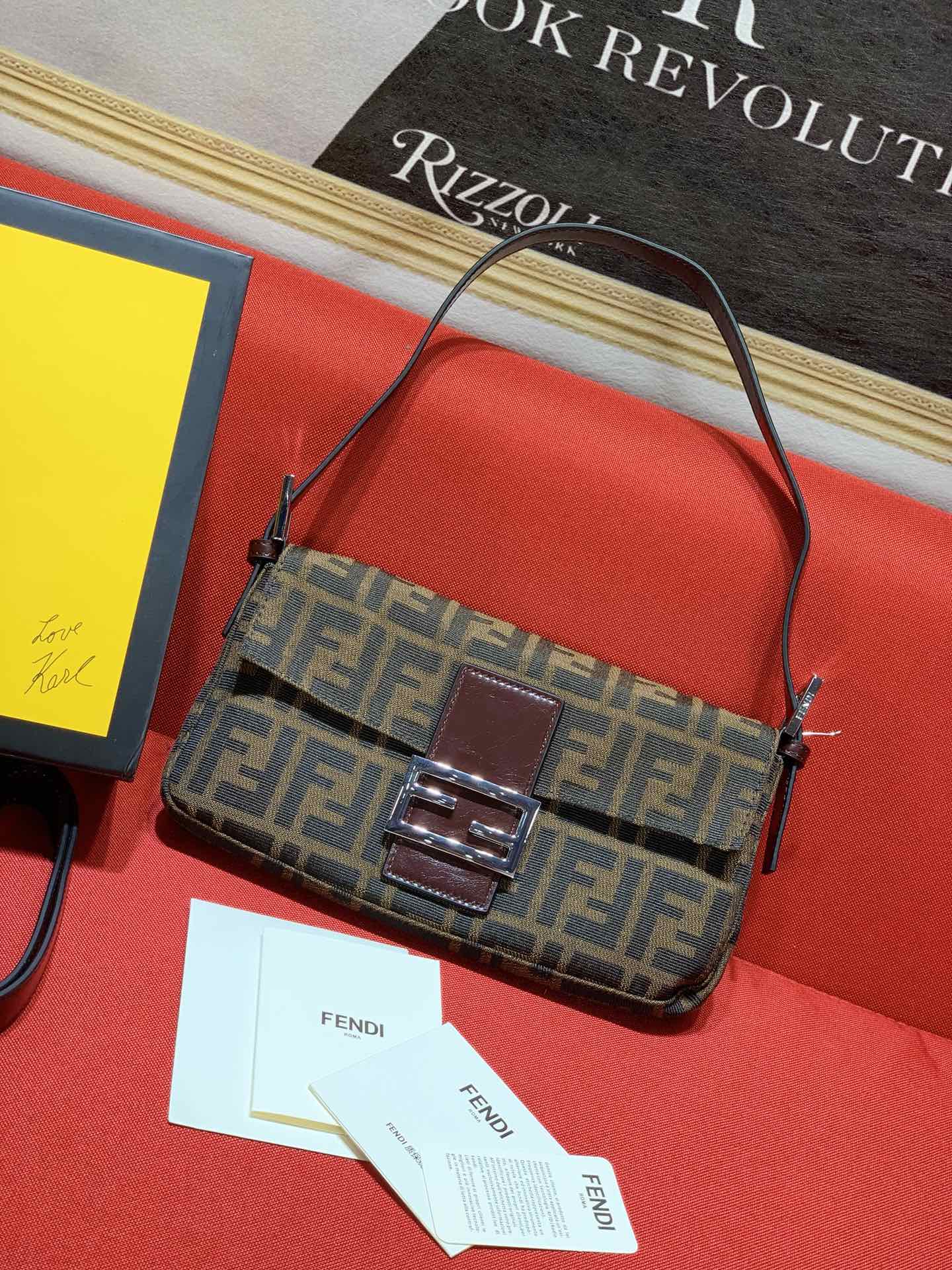 Fendi Brown Zucca Canvas Baguette Bag with Logo Clasp
