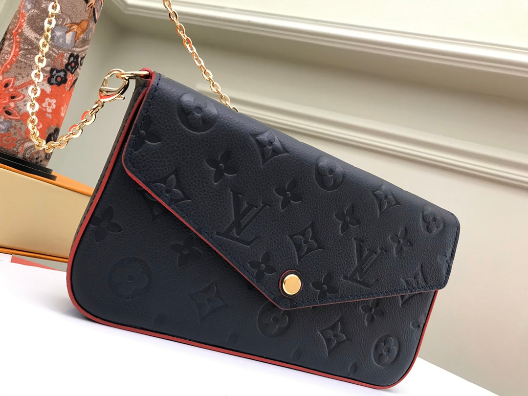 Louis Vuitton Navy Blue Embossed Monogram Leather Envelope Clutch with Gold Chain