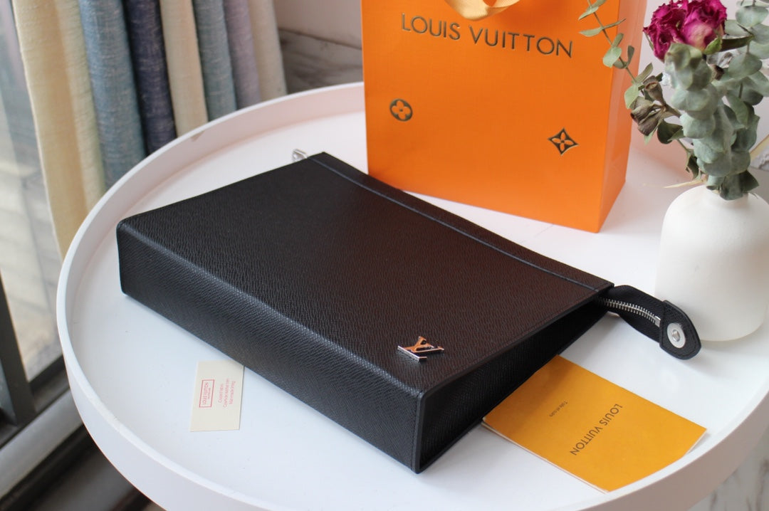 Louis Vuitton Minimalist Black Textured Leather Slim Pouch Zipper Clutch Bag