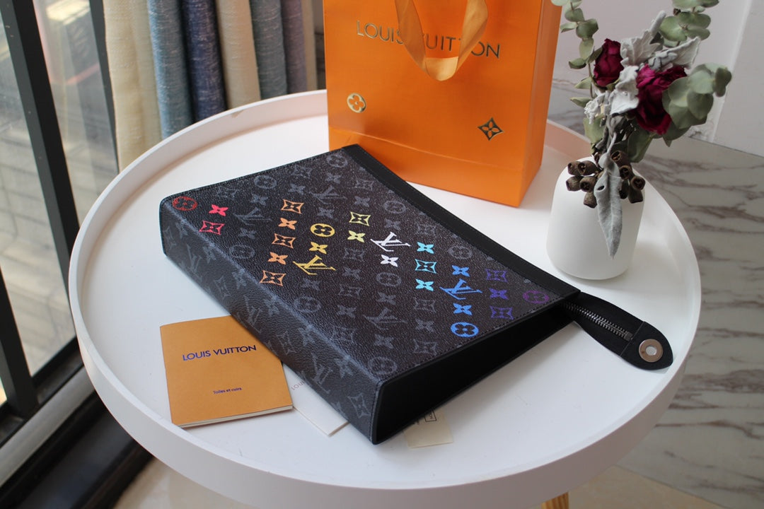 Louis Vuitton Black Rainbow Monogram Zippered Clutch Pouch Document Holder