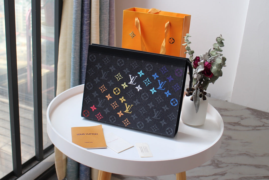 Louis Vuitton Black Rainbow Monogram Zippered Clutch Pouch Document Holder