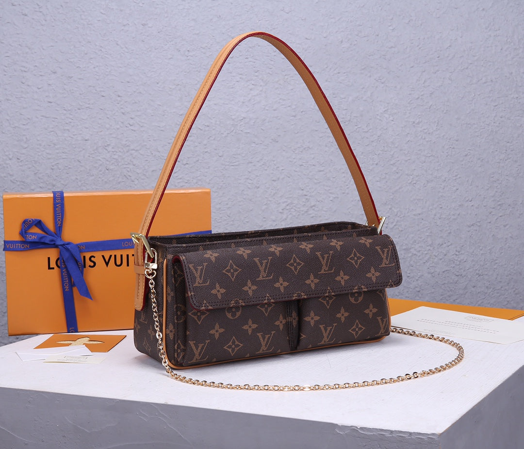 Louis Vuitton Brown Monogram Canvas Shoulder Bag with Gold Chain Strap