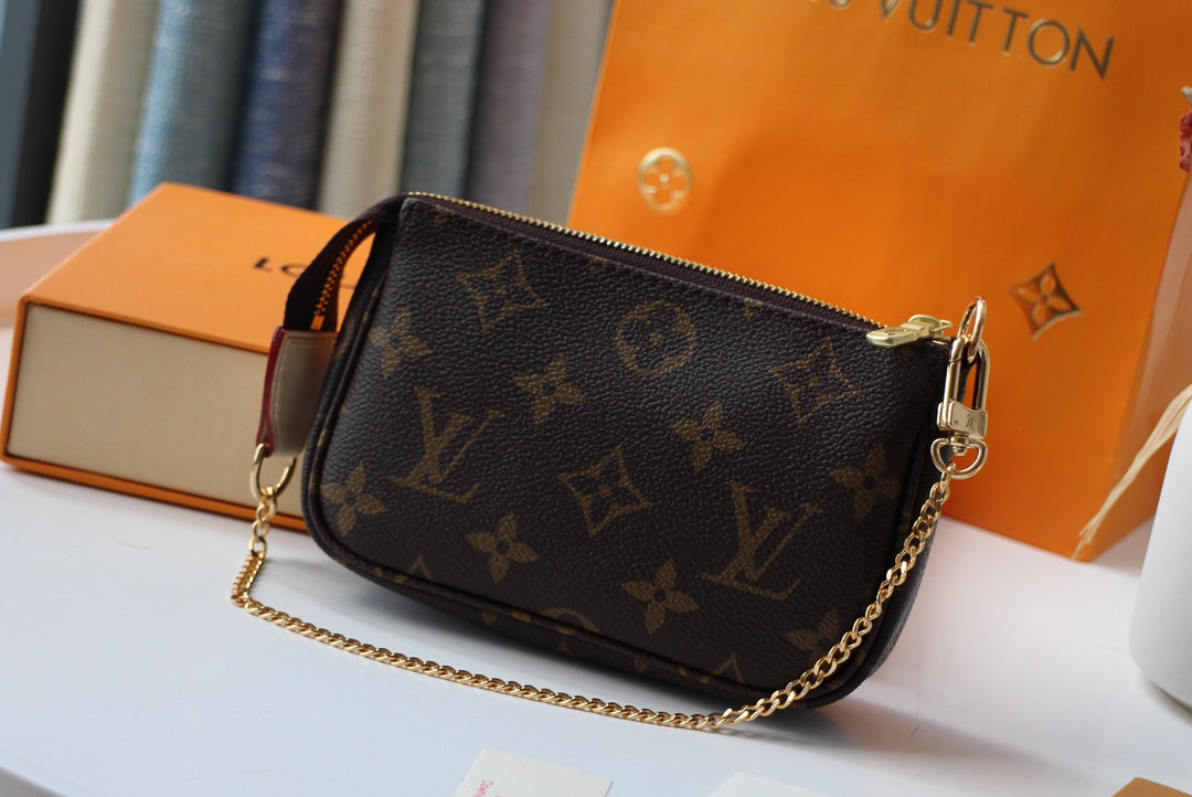 Louis Vuitton Classic Monogram Canvas Mini Pouch with Gold Chain Strap
