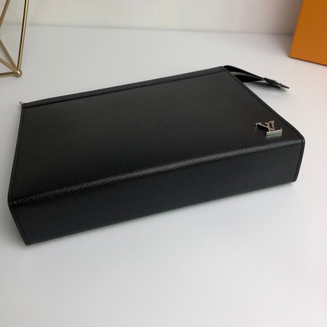 Louis Vuitton Minimalist Black Textured Leather Clutch Bag with Zipper