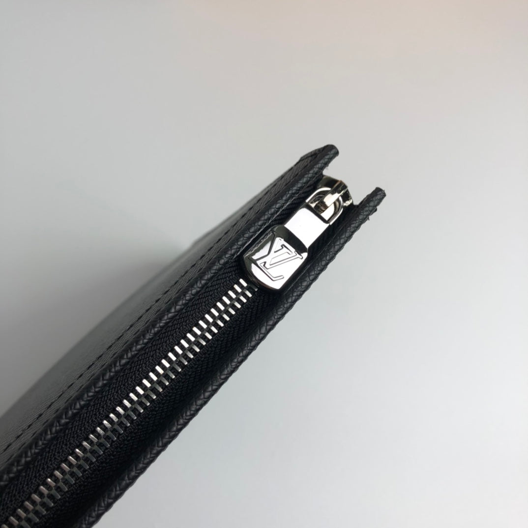 Louis Vuitton Minimalist Black Textured Leather Clutch Bag with Zipper