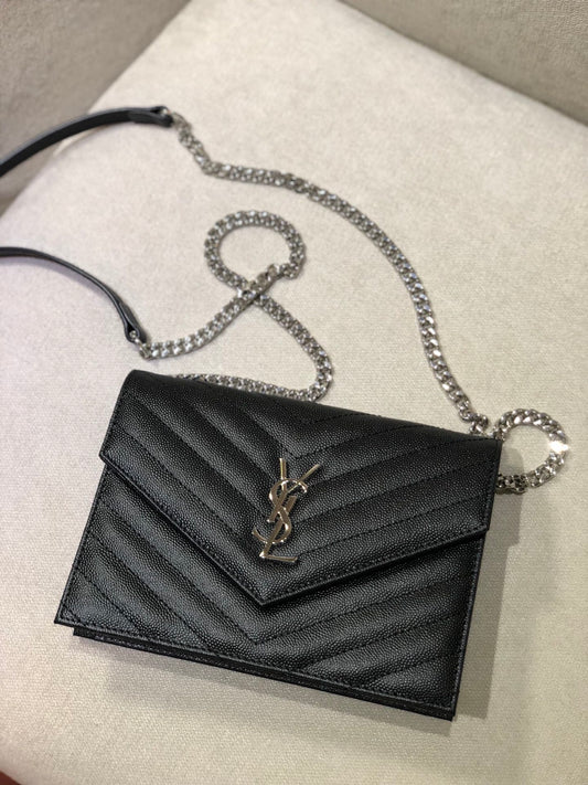 Saint Laurent Cassandre Matelassé Chain Wallet in Black Grain de Poudre Leather