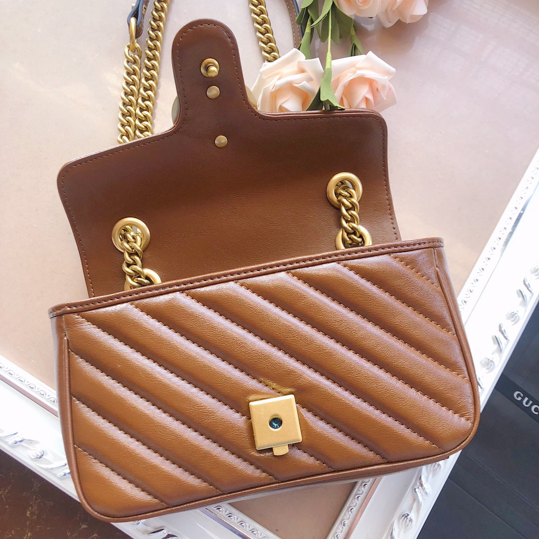 Gucci Elegant Brown Chevron Quilted Leather Shoulder Bag with Chain