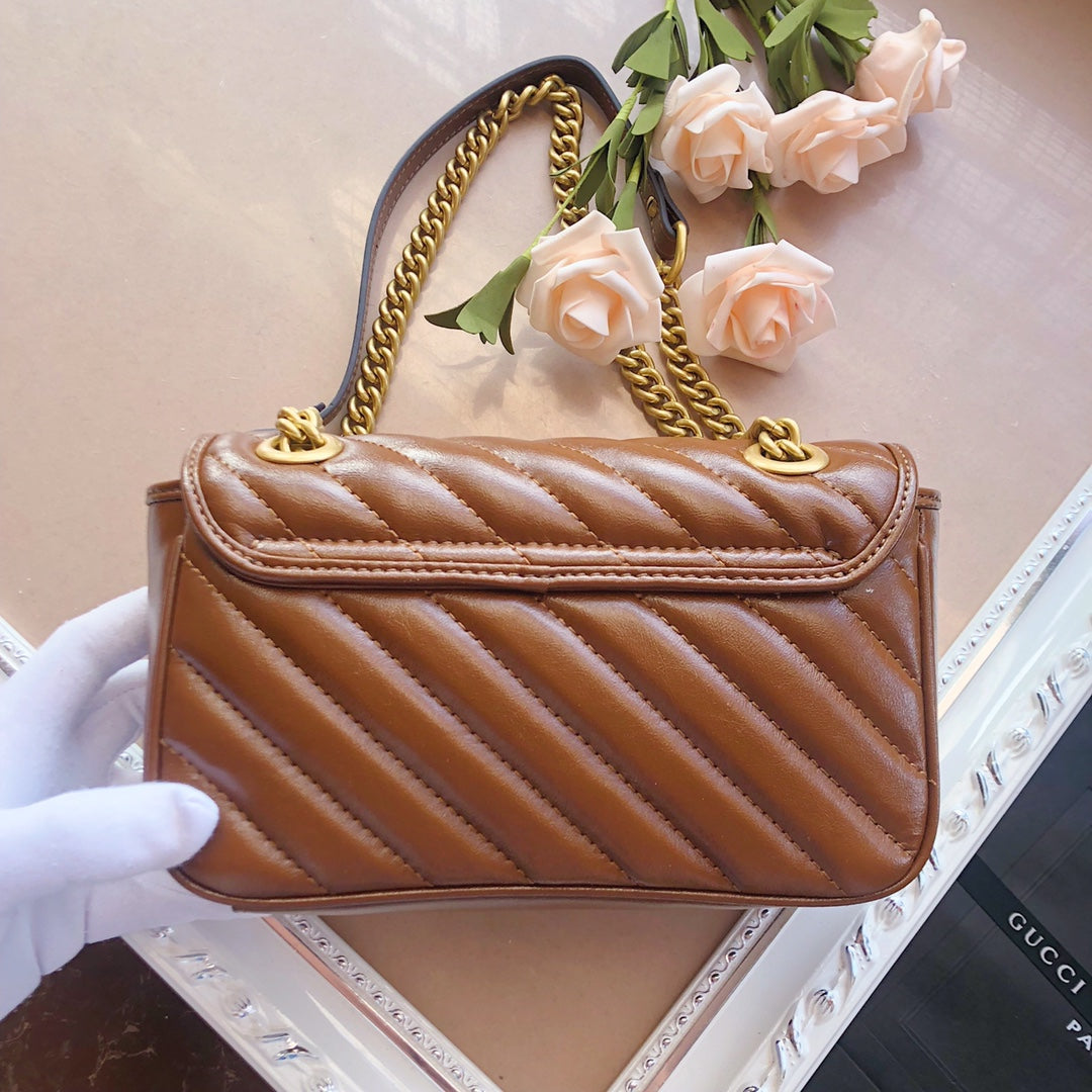 Gucci Elegant Brown Chevron Quilted Leather Shoulder Bag with Chain