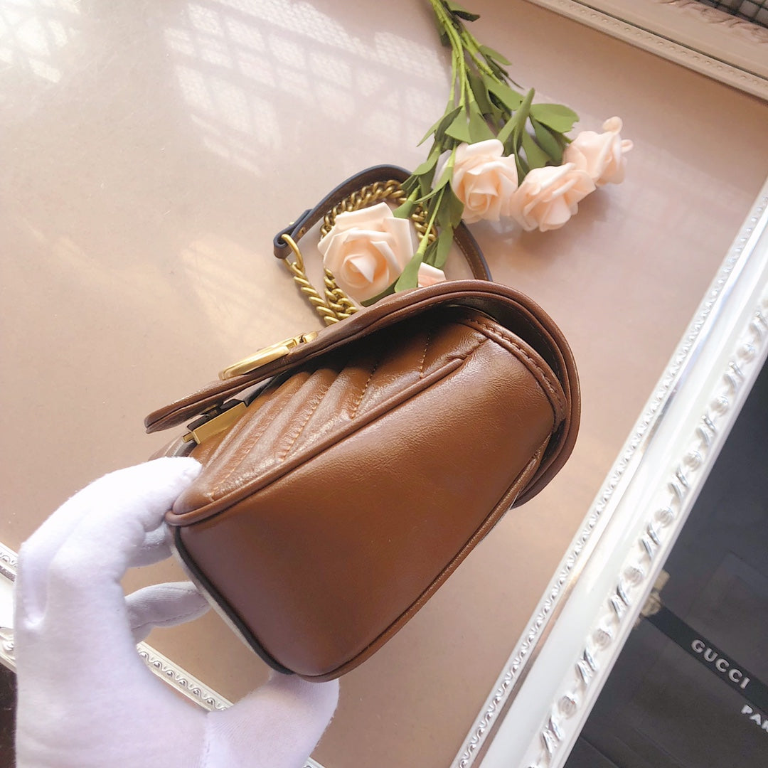 Gucci Elegant Brown Chevron Quilted Leather Shoulder Bag with Chain