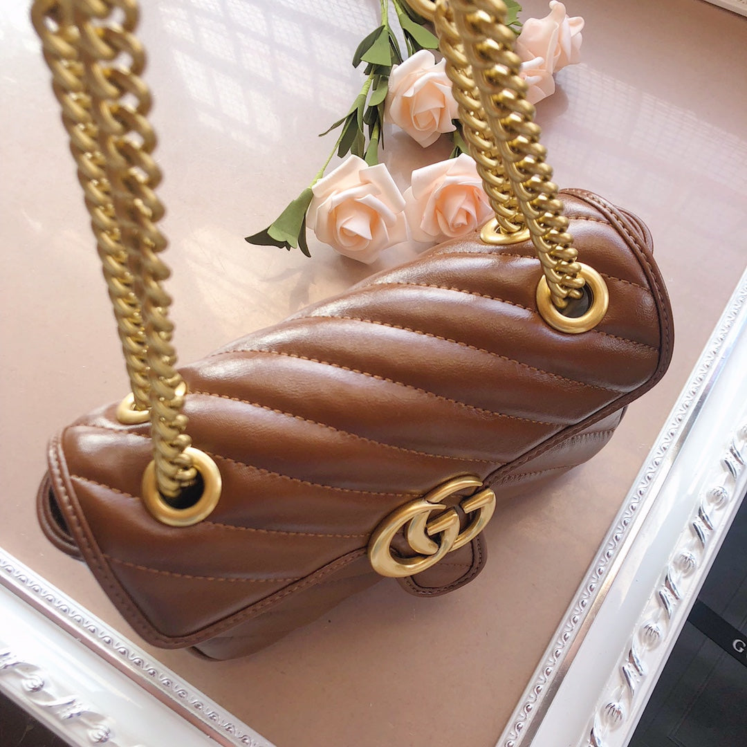 Gucci Elegant Brown Chevron Quilted Leather Shoulder Bag with Chain