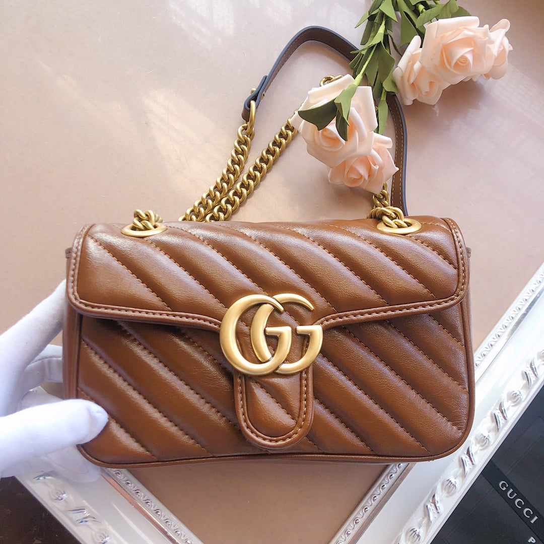 Gucci Elegant Brown Chevron Quilted Leather Shoulder Bag with Chain