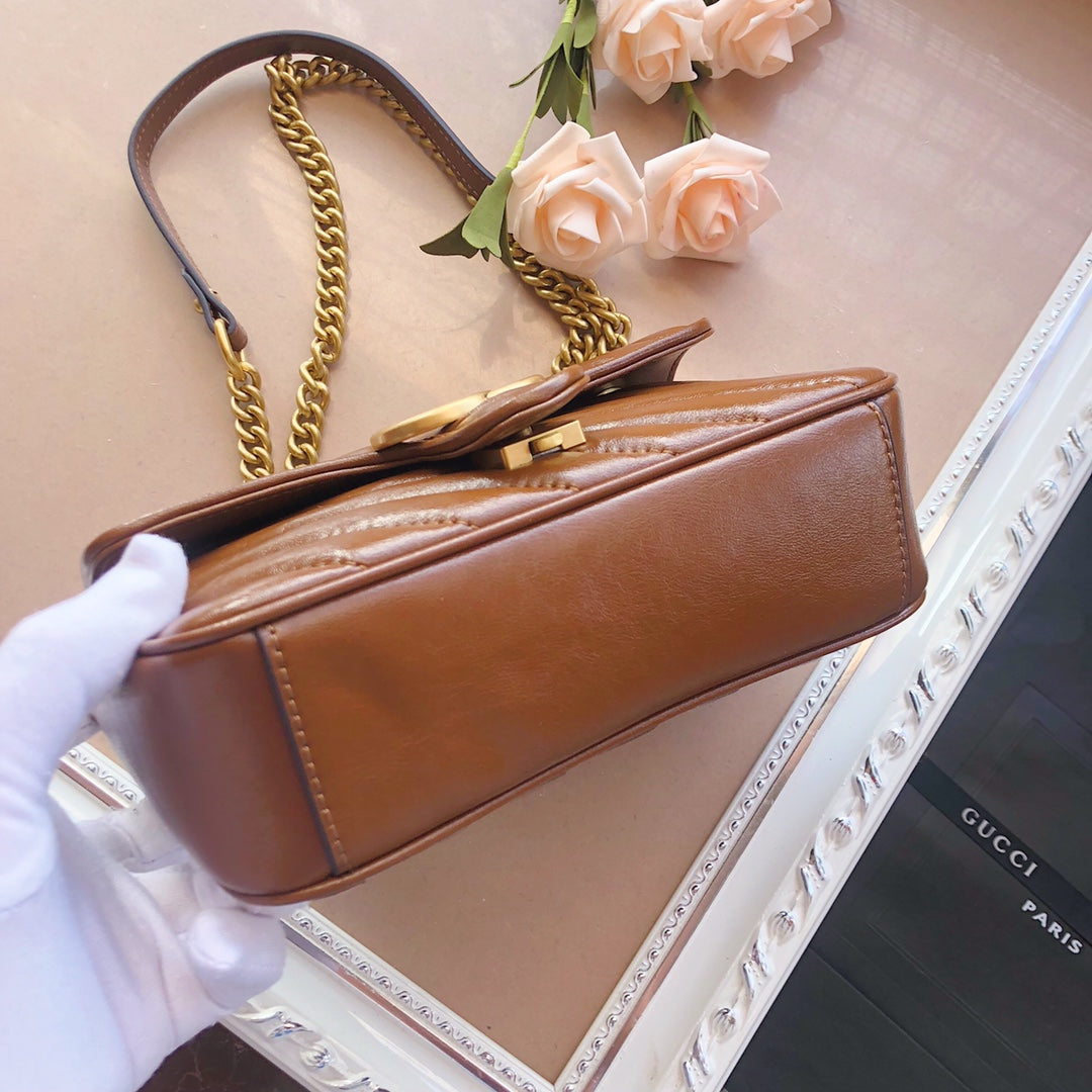 Gucci Elegant Brown Chevron Quilted Leather Shoulder Bag with Chain